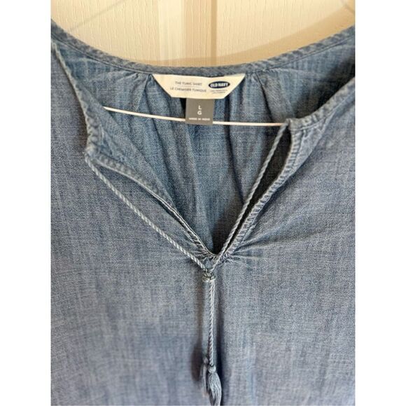Old Navy The Tunic Light Blue Jean Shirt with white embroidery on arms size Larg - Picture 7 of 15